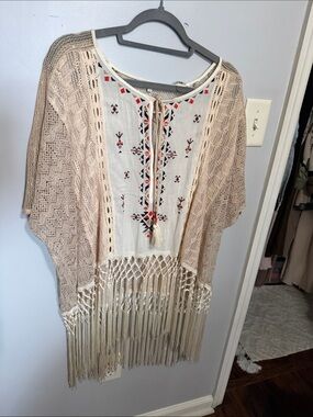 Miss Me Cream and Beige Embroidered Fringe Tunic